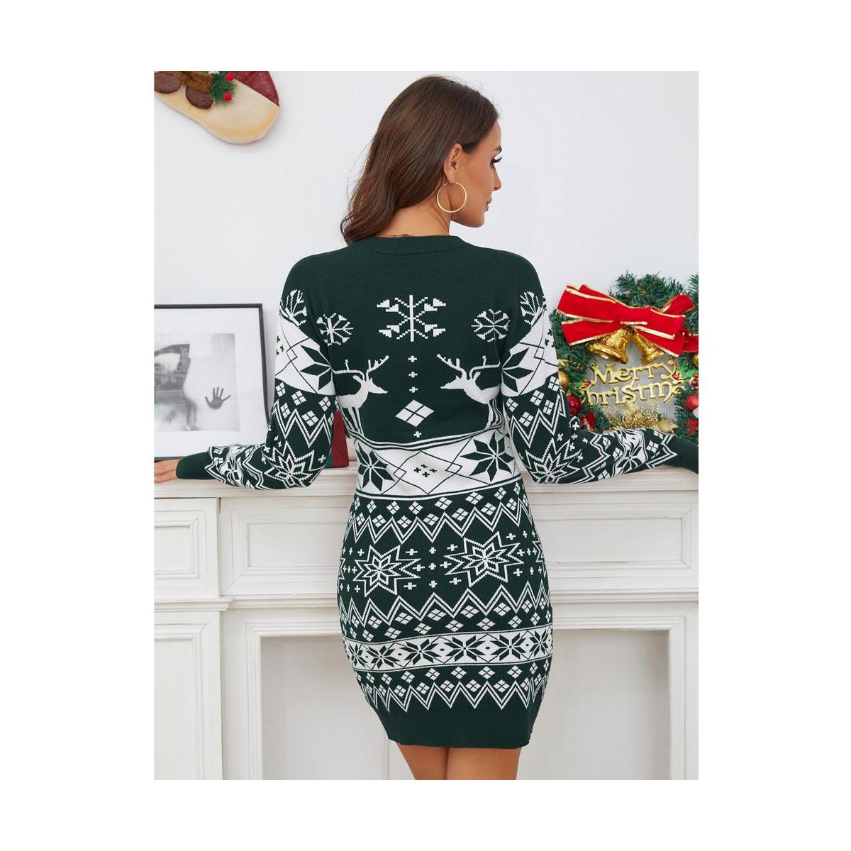 Women's Cute Ugly Christmas Sweater Dress Long Sleeve Crew Neck Pullover Reindeer Snowflakes Printed Holiday Mini Sweater Dress - thumbnail 2