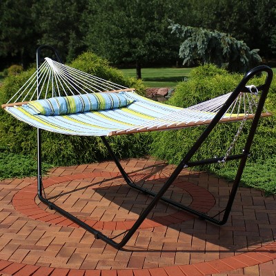 Blue and Green Quilted Fabric Double Hammock with Steel Stand