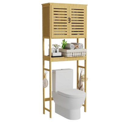 Artloge 3 Tier Bamboo Over The Toilet Storage Rack Bathroom Cabinet Shelf 69 Inch Tall Organizer Shelf with Door Space Saver