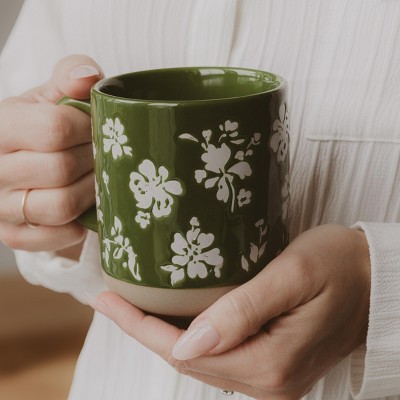 Green Floral Ceramic Coffee Mug with White Accents - 14oz