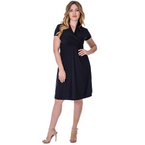 24seven Comfort Apparel Womens Short Sleeve Knee Length V Neck Rouched Wrap Dress - 1 of 4