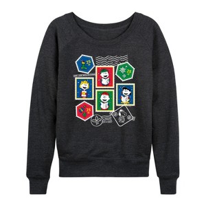Women's - Peanuts - Christmas Stamps Lightweight French Terry Wide Neck Long Sleeve Graphic Shirt - 1 of 4