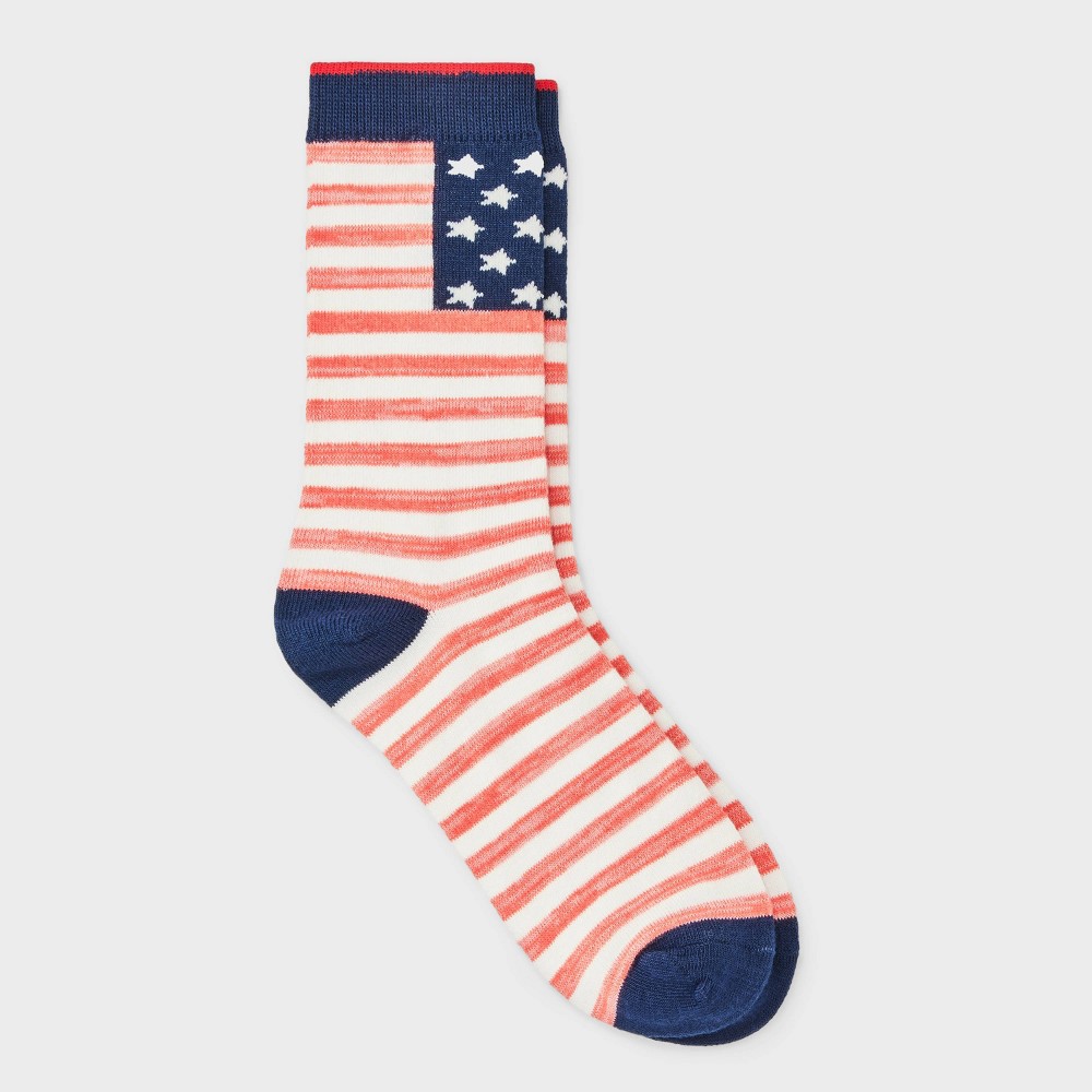 Women's American Flag Crew Socks - Red/Navy 4-10: Lightweight Knit, Banded Cuff, Stripe Pattern
