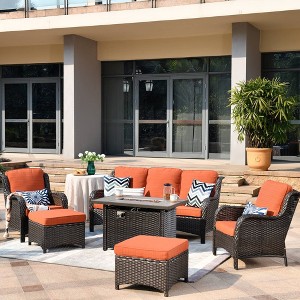 Ovios Orlando 6pc Gray Wicker Outdoor Patio Furniture Conversation Sofa Set with a Rectangle Fire Pit and Cushions - 1 of 4