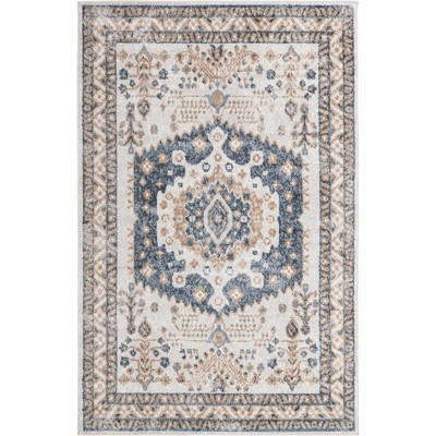 Cream and Navy Blue Floral Rectangular Synthetic Area Rug