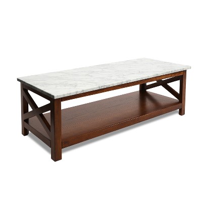 Agatha 44" Rectangular White Marble Coffee Table with Walnut Wood Legs