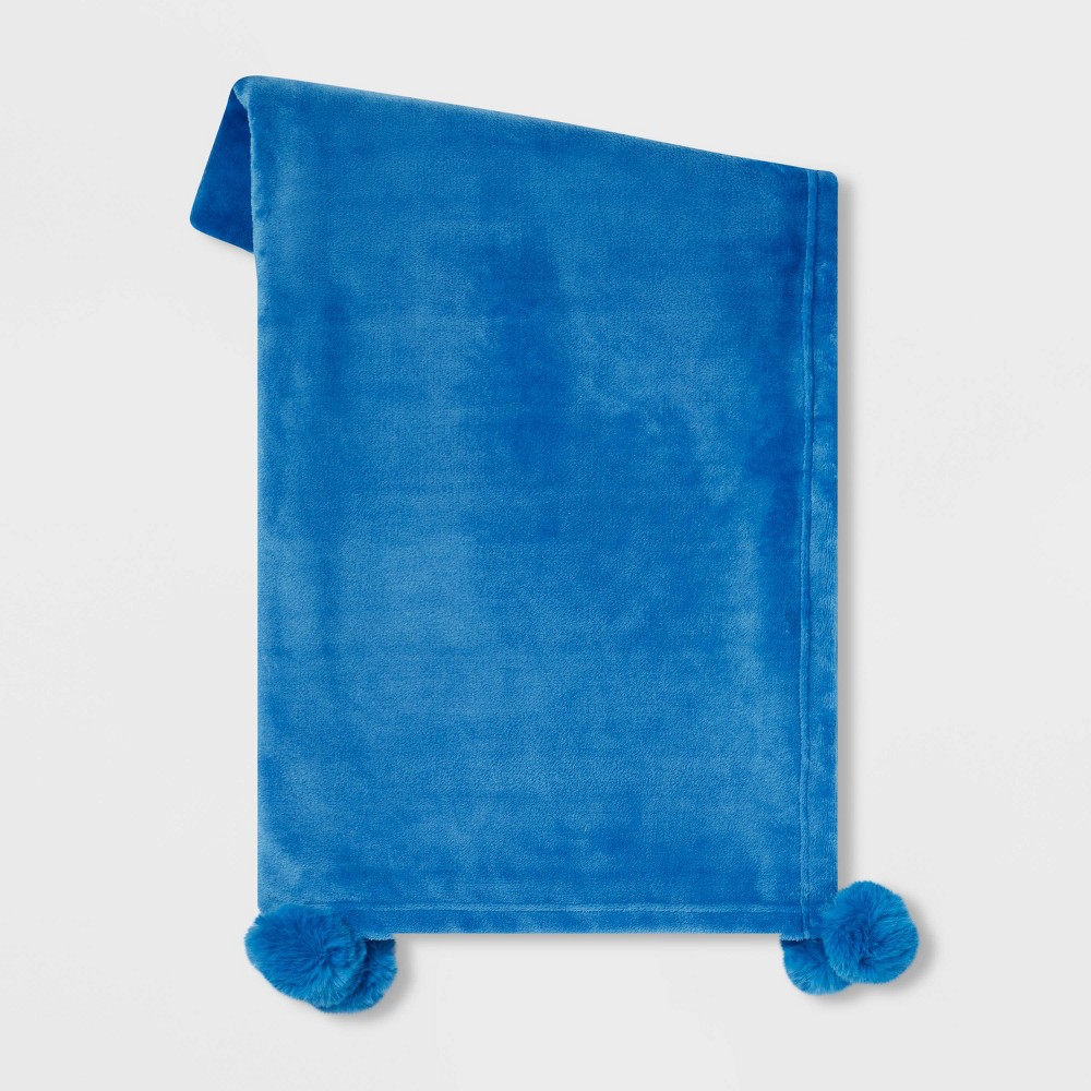 Plush Throw Blanket with Faux Fur Pom-Poms Blue - Opalhouse
