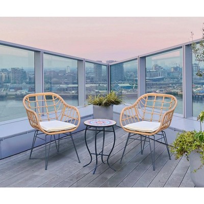Brown Faux Rattan Basket Chair Set with Mosaic Accent Table