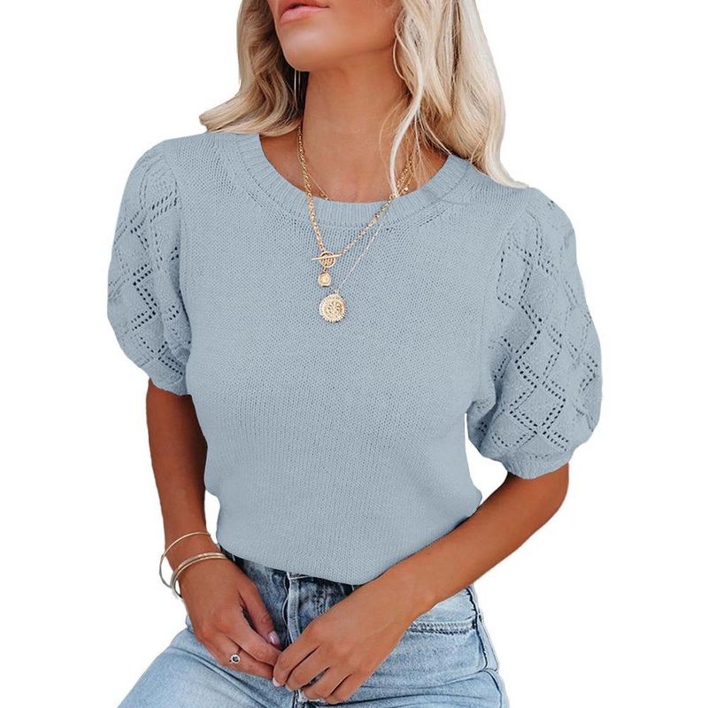 Womens Short Sleeve Lightweight Sweaters Crewneck Knit Pullover Tops with Crochet Sleeve Casual Crochet Blouse Shirt for Spring, Summer, 1 of 6