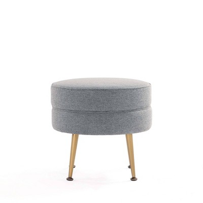 Bailey Round Gray Upholstered Ottoman with Gold Legs