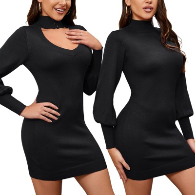 Women's Christmas Deep v neck Dual Side Reversible Sweater Rib Knit bodycon High Collar Club Party Mini Dress