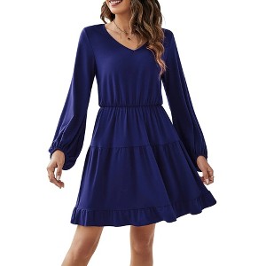 Women's Ruffle Mini Dress Casual Puff Long Sleeve Swing Tiered Tunic V Neck Shift for Women - 1 of 4