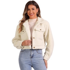 Allegra K Women's Lapel Faux Fur Button Down Long Sleeve Casual Short Jackets - 1 of 4