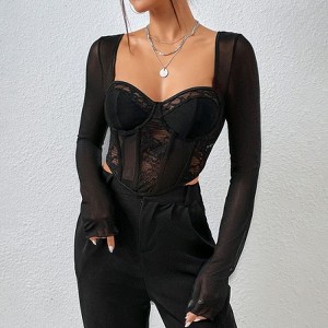 Coolmee Womens Summer Long Sleeved Mesh Tops Patchwork Lace See Through Fishbone Tight And Sexy Short Shirt Blouses Black M - 1 of 4