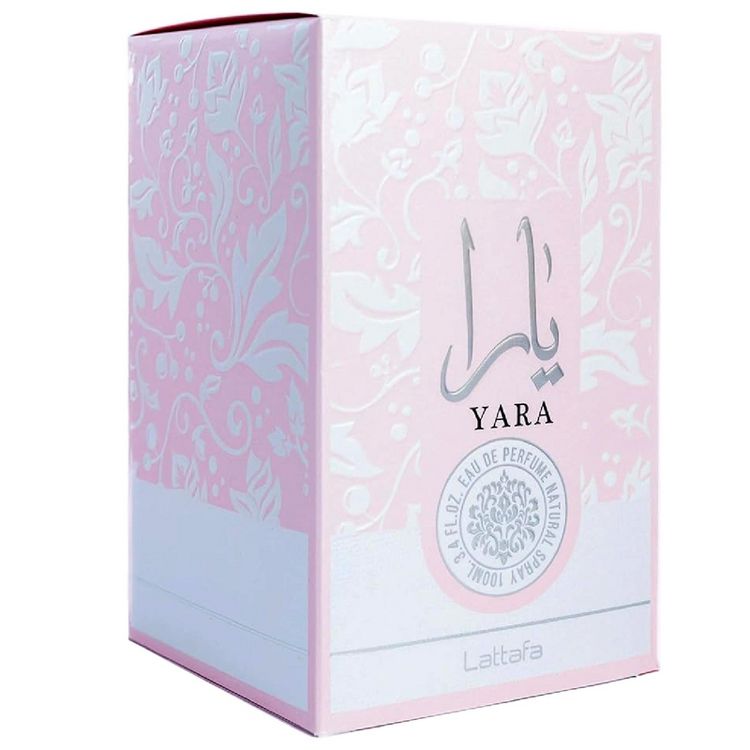 A pink colored perfume box with floral patterns and the text "YARA" and "Lattafa" on it.