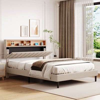 Full/Queen Size Linen Fabric Upholstered Platform Bed with Storage Headboard and USB Port - ModernLuxe