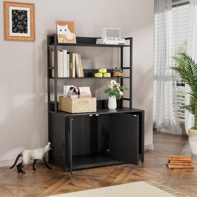 52 Inch Large Hidden Cat Litter Box Enclosure Furniture with 2 Door, Wooden Cat House with Scratch Pad, Indoor Storage Cabinet Display Rack