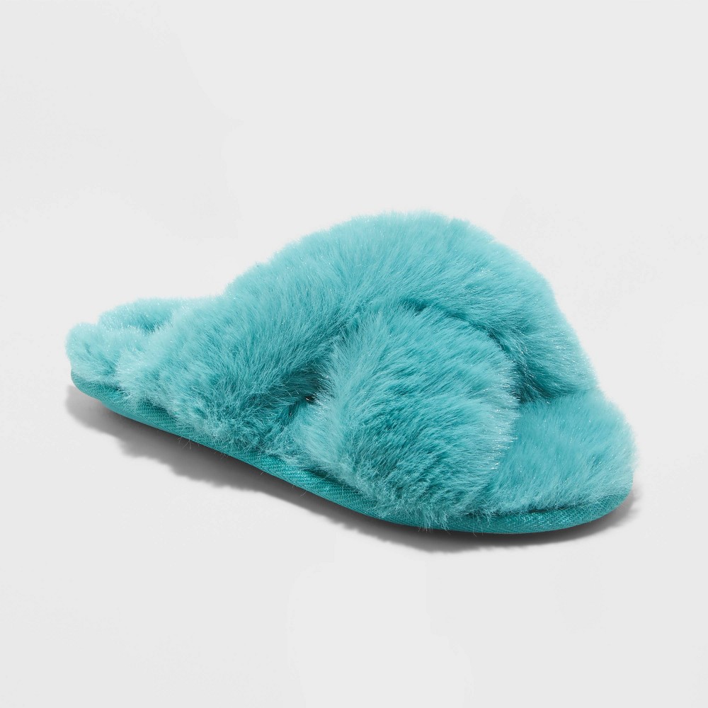 Size M, Girls' Brooklyn Crossband Fur Slippers - Cat & Jack Turquoise Green 