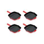 NutriChef 4 x NCCIES47 11 Inch Square Nonstick Cast Iron Skillet Griddle Grill Pan with Porcelain Enamel Coating, and Side Pour Spouts, Red (4 Pack)