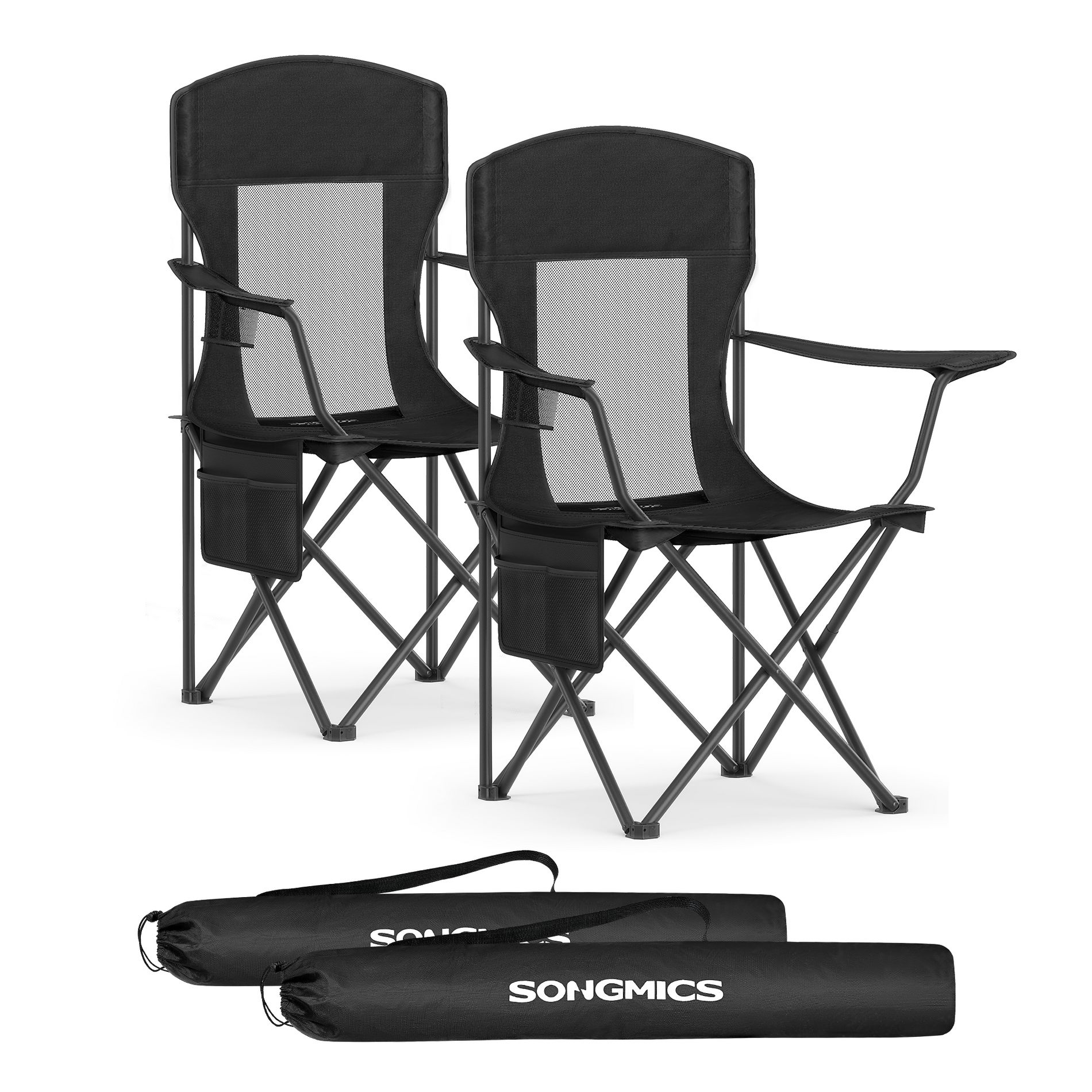 Set of 2 Ink Black Camping Chairs - Foldable, High Back with Adjustable Armrests & Drink Holder. 330 lb Weight Capacity
