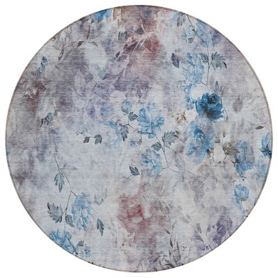 Navy Blue And Sky Blue Floral Washable Indoor Outdoor Area Rug