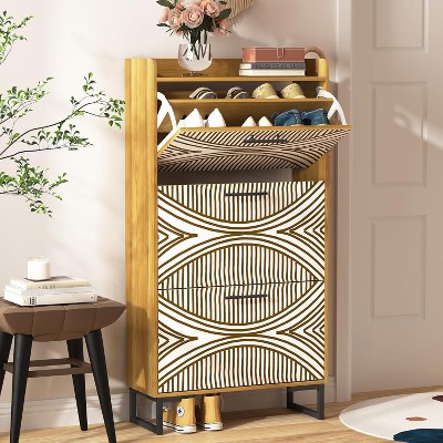 CIPACHO Natural Slim Hidden Shoe Cabinet with 3 Flip Drawers Metal Legs for Entryway Hallway Living Room