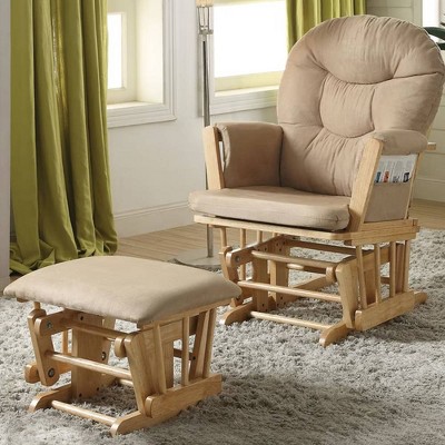 28" Rehan Microfiber Accent Chair Taupe/Natural Oak - Acme Furniture: Rubberwood Frame, Ottoman Included