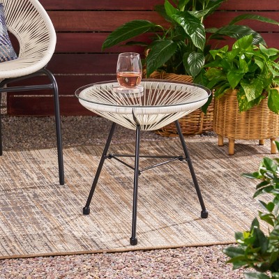 Modern Outdoor Rattan Side Table, Handcrafted Design with Tempered Glass Top