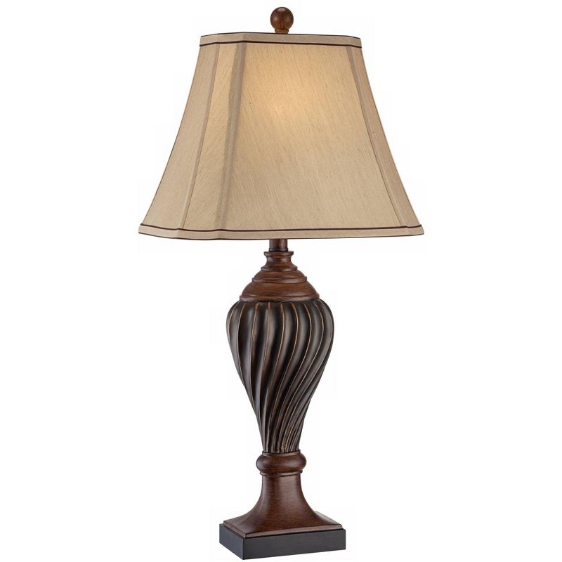 Regency Hill Traditional Table Lamp 28.5" Tall Carved Two Tone Brown Urn Shaped Beige Fabric Shade for Living Room Family Bedroom Bedside, 1 of 10