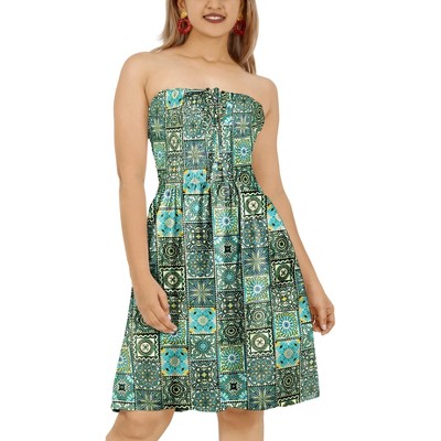 LA LEELA Women's Summer Boho Halter Smocked Mini Swing Beach Dress Tube Top Strapless Dresses for Women One Size Geometric, Multi