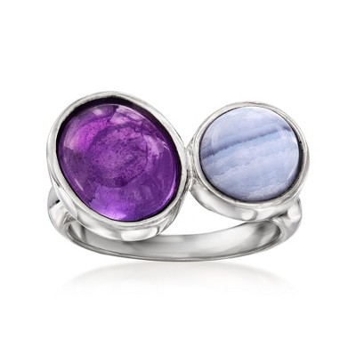 Ross-Simons Blue Agate and 2.80 Carat Amethyst Toi Et Moi Ring in Sterling Silver