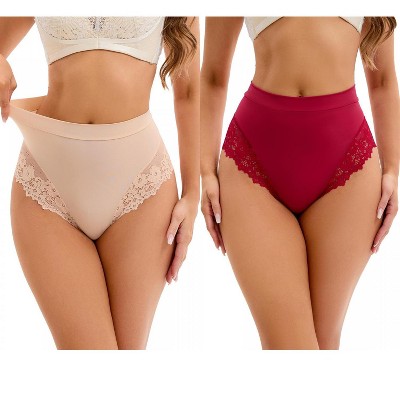 INSPIRE CHIC 2 Pcs Women's Lace Trim High-Waisted Briefs Tummy Control Underpants