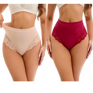 INSPIRE CHIC 2 Pcs Women's Lace Trim High-Waisted Briefs Tummy Control Underpants - 1 of 4