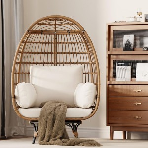 GustoWave 360° Swivel Wicker Egg Chair, Oversized Indoor Outdoor Lounger, w/ 4 Cushions, Steel Frame Metal Base, 440lb Capacity - 1 of 4
