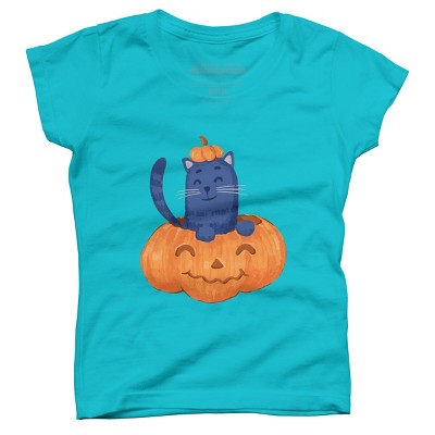 Girl's Design By Humans Halloween Cat In A Pumpkin By wubbadub T-Shirt