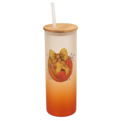 Elanze Designs 25 Ounce Frosted Glass Gradient Travel Tumbler With Straw and Wooden Lid, Basketball With Gold Bow Orange