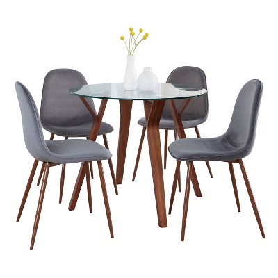 Gray Velvet and Walnut Glass Top Dining Set