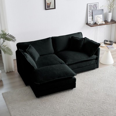 GlasFlength Two-Seater Sofa with 1 Footrest, 2 Seater L-Shaped Sectional with Ottoman, Loveseat for Living Space, Black, 76.7*35*33