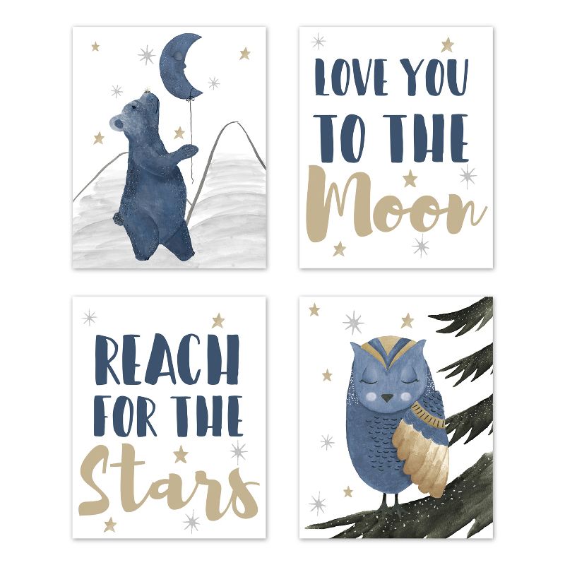 Sweet Jojo Designs Boy or Girl Gender Neutral Unisex Unframed Wall Art Prints for Décor Bear and Moon Blue Gold and Grey 4pc, 1 of 6
