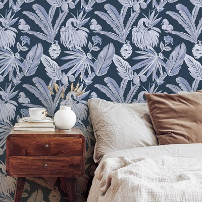 Navy Blue Tropical Flamingo Peel and Stick Wallpaper