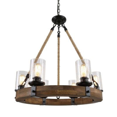 LNC Holmes 6-Lights 25" Modern Farmhouse Wagon Wheel Kitchen Island Pendant  Lights, Matte Black and  Brown Wood