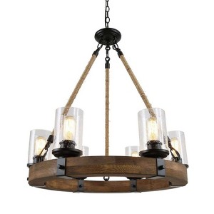 LNC Holmes 6-Lights 25" Modern Farmhouse Wagon Wheel Kitchen Island Pendant  Lights, Matte Black and  Brown Wood - 1 of 4