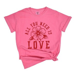 Simply Sage Market Women's All You need Is Love Flower Short Sleeve Garment Dyed Tee - 1 of 4