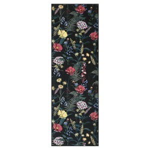 2 x 6 ft Pearl Velvet Black Rectangular Hallway Bathroom Entryway Kitchen Office Foldable Flower Printed Modern Washable Area Rug - 1 of 4