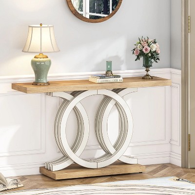 White and Natural Wood 55" Console Table with Geometric Base