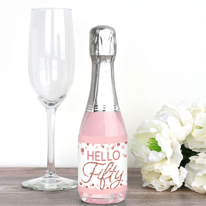 Big Dot of Happiness 50th Pink Rose Gold Birthday Mini Wine & Champagne Bottle Label Stickers Happy Birthday Party Favor Gift for Women and Men 16 Ct, 2 of 8