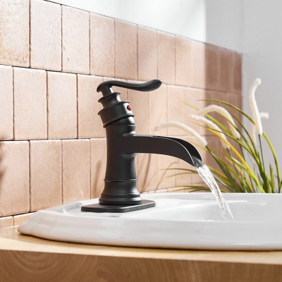 Matte Black Single-Handle Waterfall Bathroom Faucet with Deck Plate
