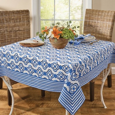 Blue and White Geometric Cotton Square Tablecloth 54" x 54"