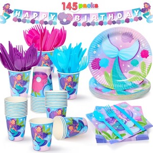 Joyfy 145 Pcs Mermaid Birthday Party Supplies for Kids with Banner 24 Serves, Disposable Tableware Set,Birthday Party Decoration for Girls 6-8 Years - 1 of 4