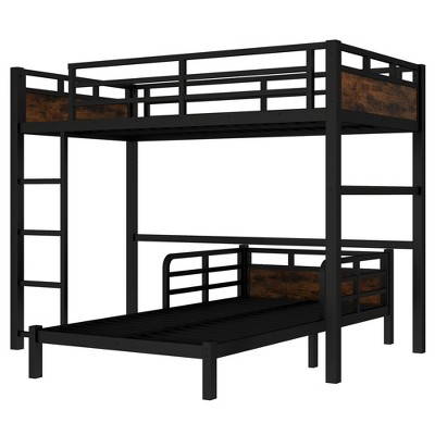 Bellemave Twin XL over Twin XL Metal Bunk Bed/Metal Loft Bed and Metal Platform Beds,with raised security fence,Vintage Wood-colored
